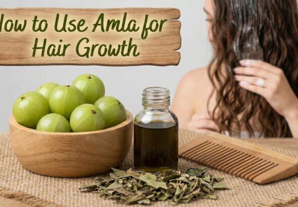 A blog banner graphic with a wooden sign at the top that reads "How to Use Amla for Hair Growth