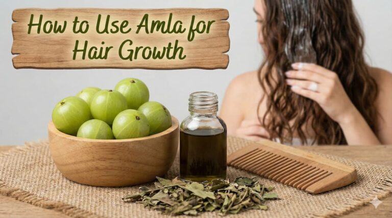 A blog banner graphic with a wooden sign at the top that reads "How to Use Amla for Hair Growth